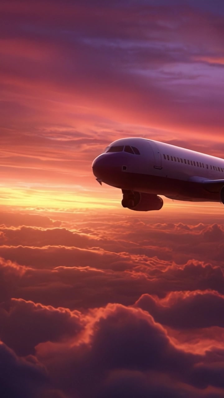 Un maestoso aereo che vola al tramonto sopra le nuvole con colori vivaci nel cielo, catturando la bellezza dell'altitudine e dell'esperienza di viaggio.