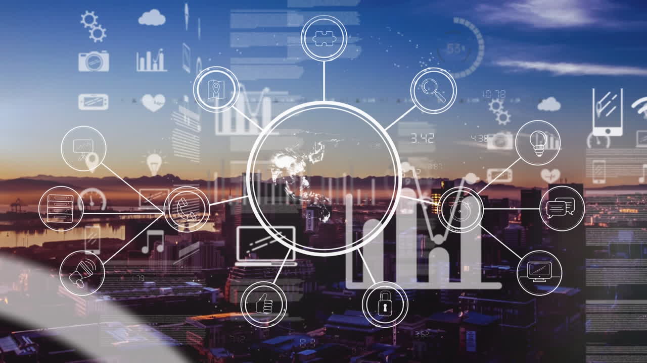 animación de la red de conexiones con iconos sobre el paisaje urbano