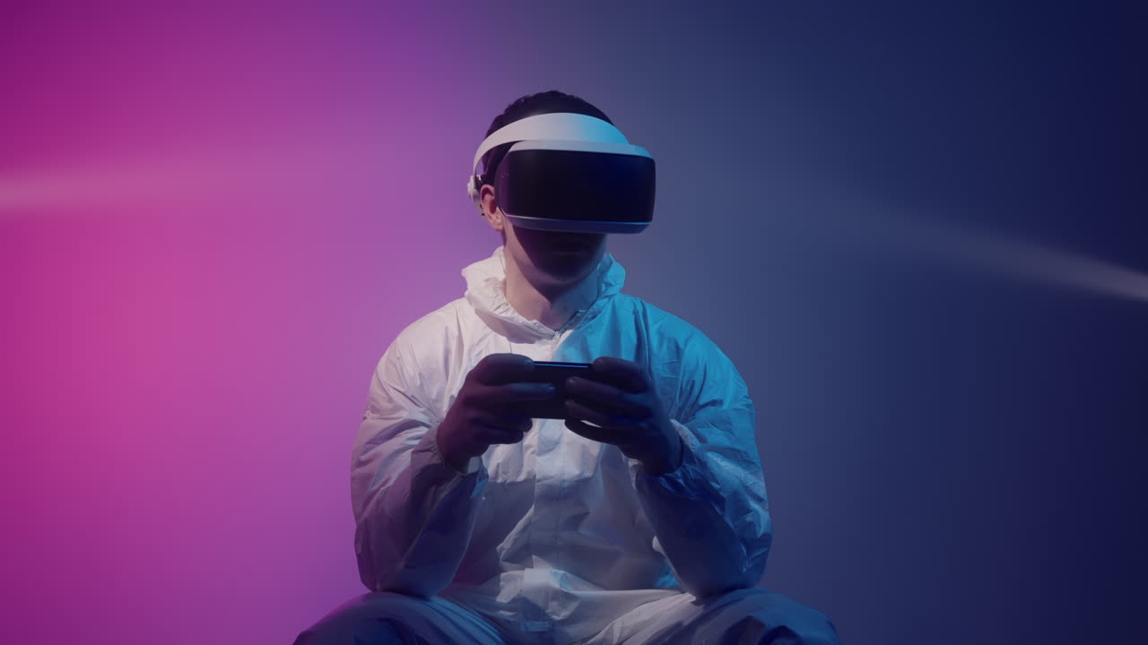 Person Wearing VR Headset and Playing Game in a Studio Setting