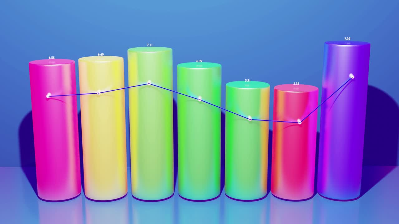 bellissimo sfondo in loop 3d per programmi analitici con infografiche astratte, dati statistici. barre multicolori, contatori e grafici. colonne 3d si muovono senza intoppi su e giù in loop. bg finanziario