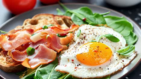 tasty breakfast includes fried egg, crispy bacon, fresh spinach leaves and toasted bread, seasoned with spices, creating a nutritious and visually appealing meal