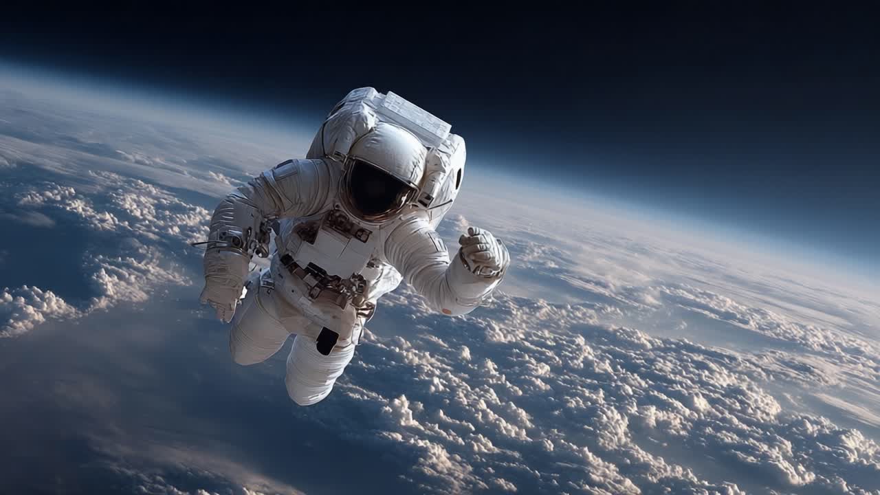 An awe-inspiring view of an astronaut floating gracefully in the vastness of space above Earth, highlighting the beauty and mystery of space exploration amidst the clouds
