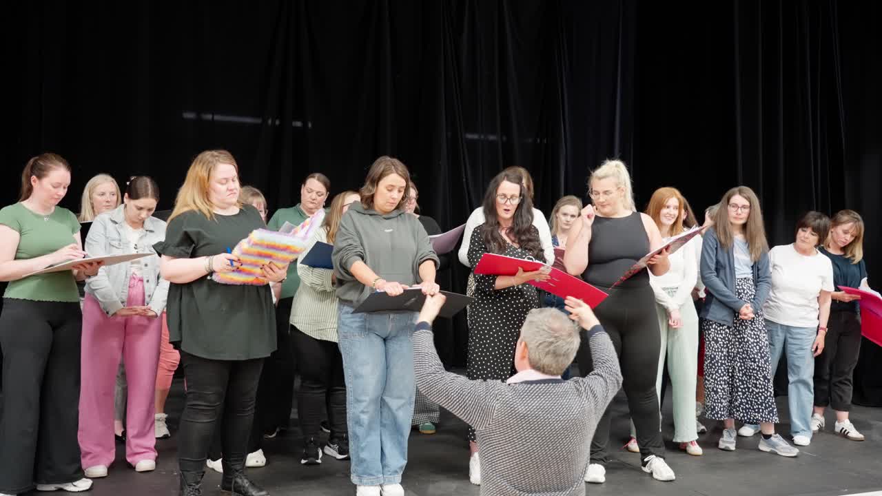 Rehearsing cast, amateur drama group, artistic direction, stage show