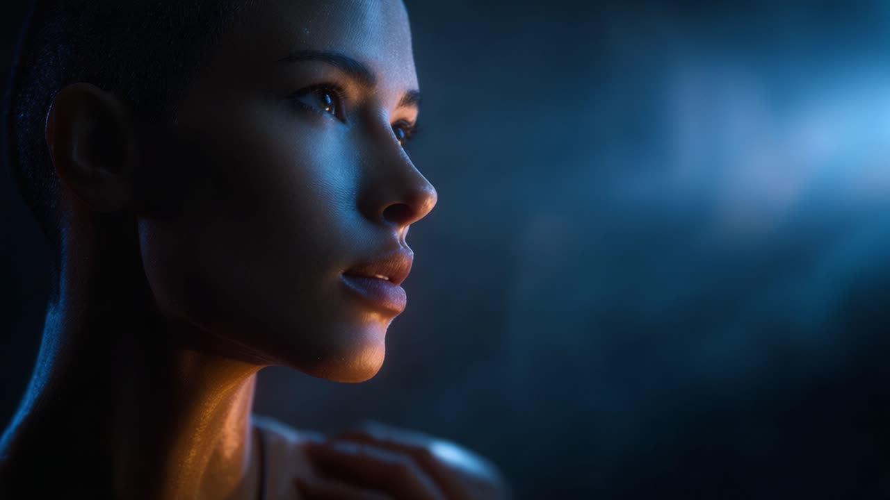 A captivating close-up of a woman's profile illuminated by ethereal blue lighting, highlighting her features and creating a mood of introspection and beauty
