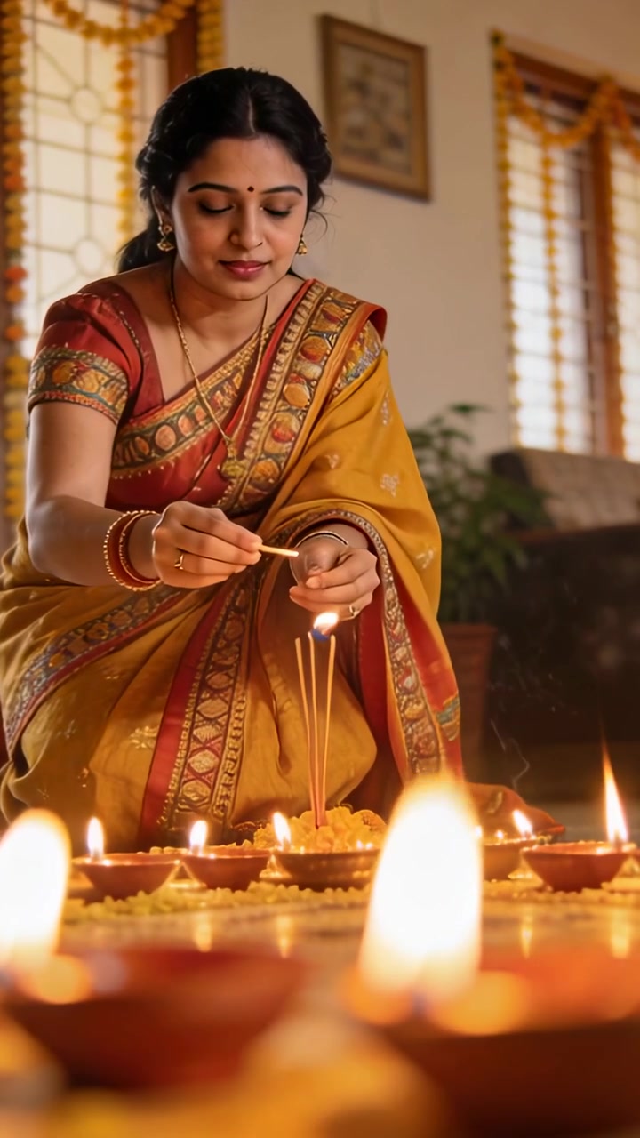 Vertical video: Lighting woman in sari at home using match igniting diyas with wicks for prayer
