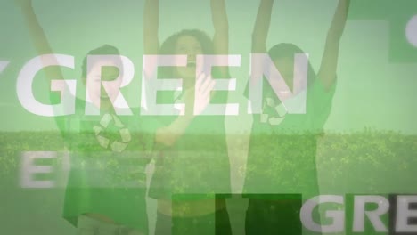 animation of green energy text over diverse volunteers smiling