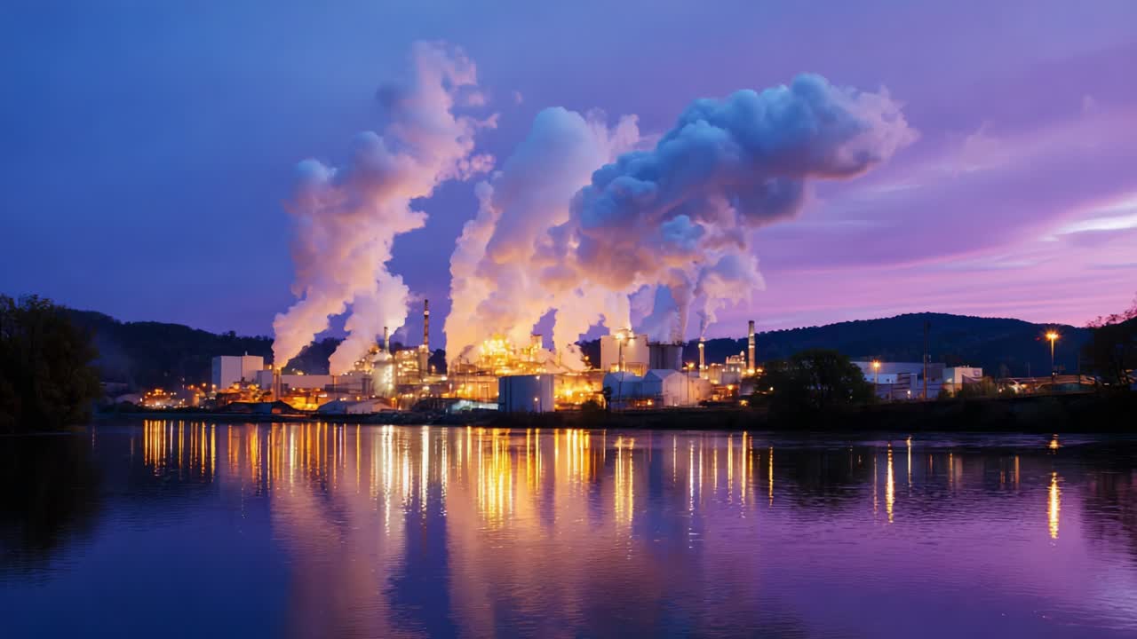 Industrial Complex Emitting Plumes of Vapor Against a Serene River at Twilight, Showcasing the Contrast Between Manmade Structures and Majestic Nature's Reflections in Vibrant Colors