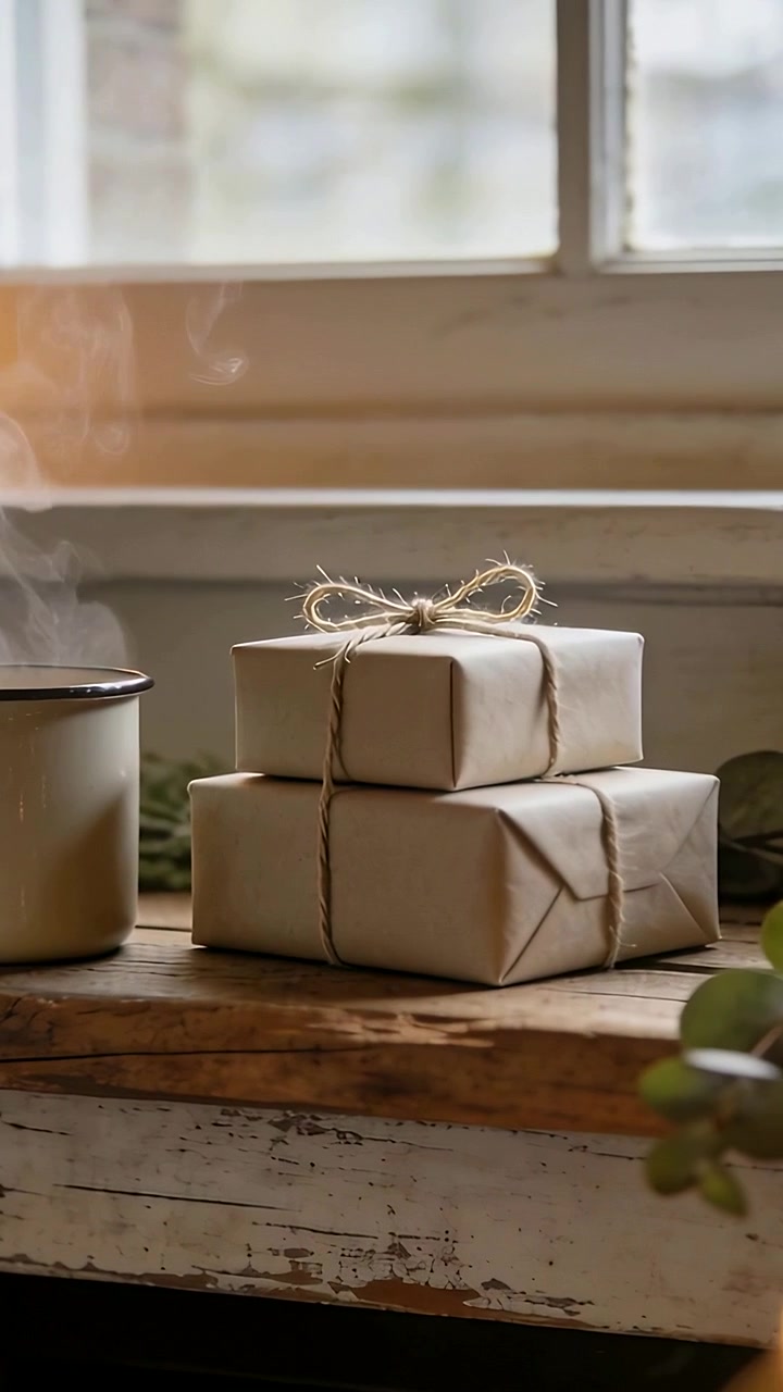 Vertical video: Zooming camera highlighting stacked kraft gifts on sill with steaming mug