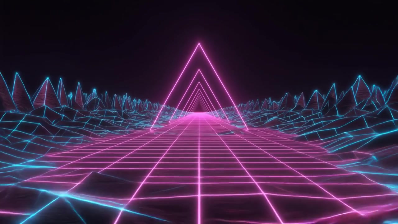 Retro Synthwave Style Animation with Glowing Neon Triangles and Grid Landscape