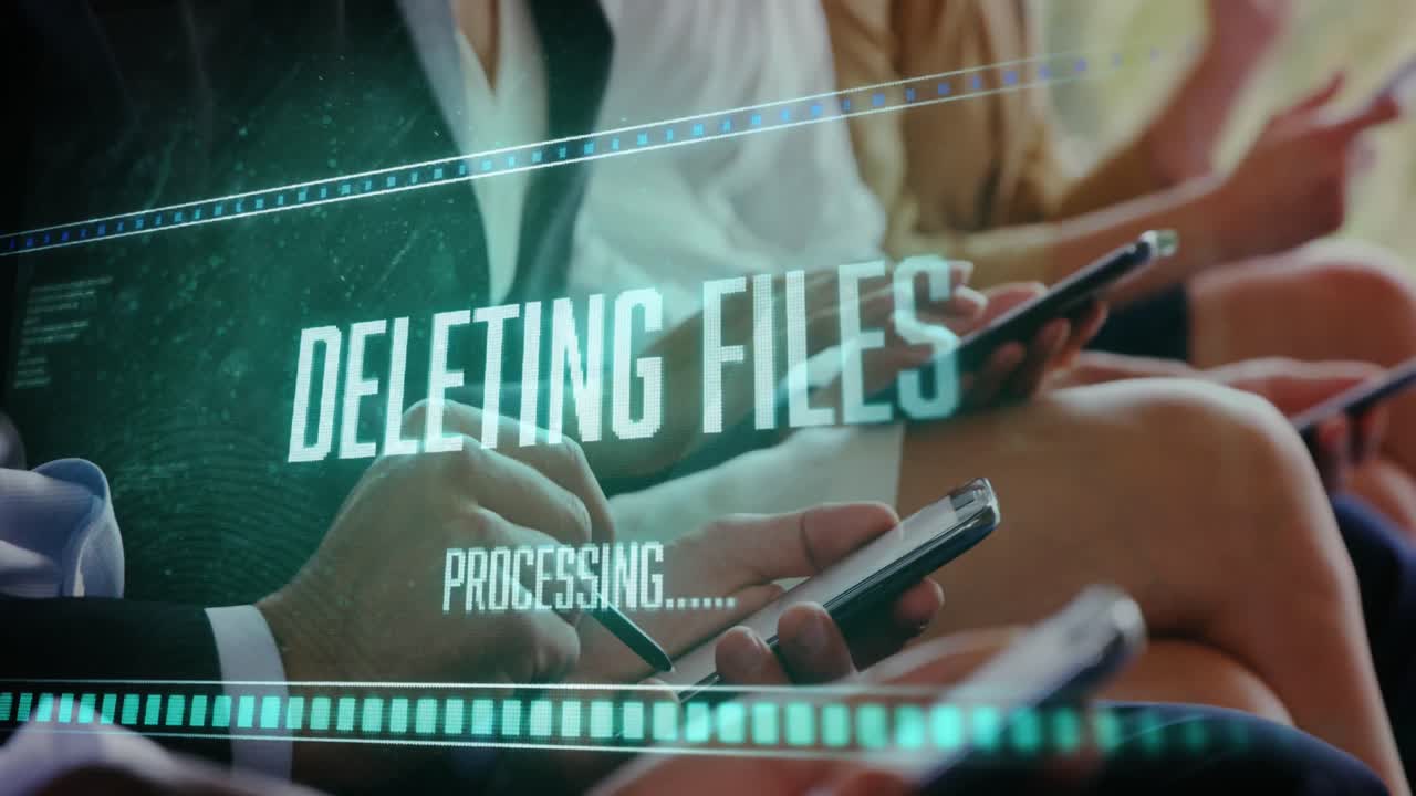 Animation of data processing over diverse business people using smartphones