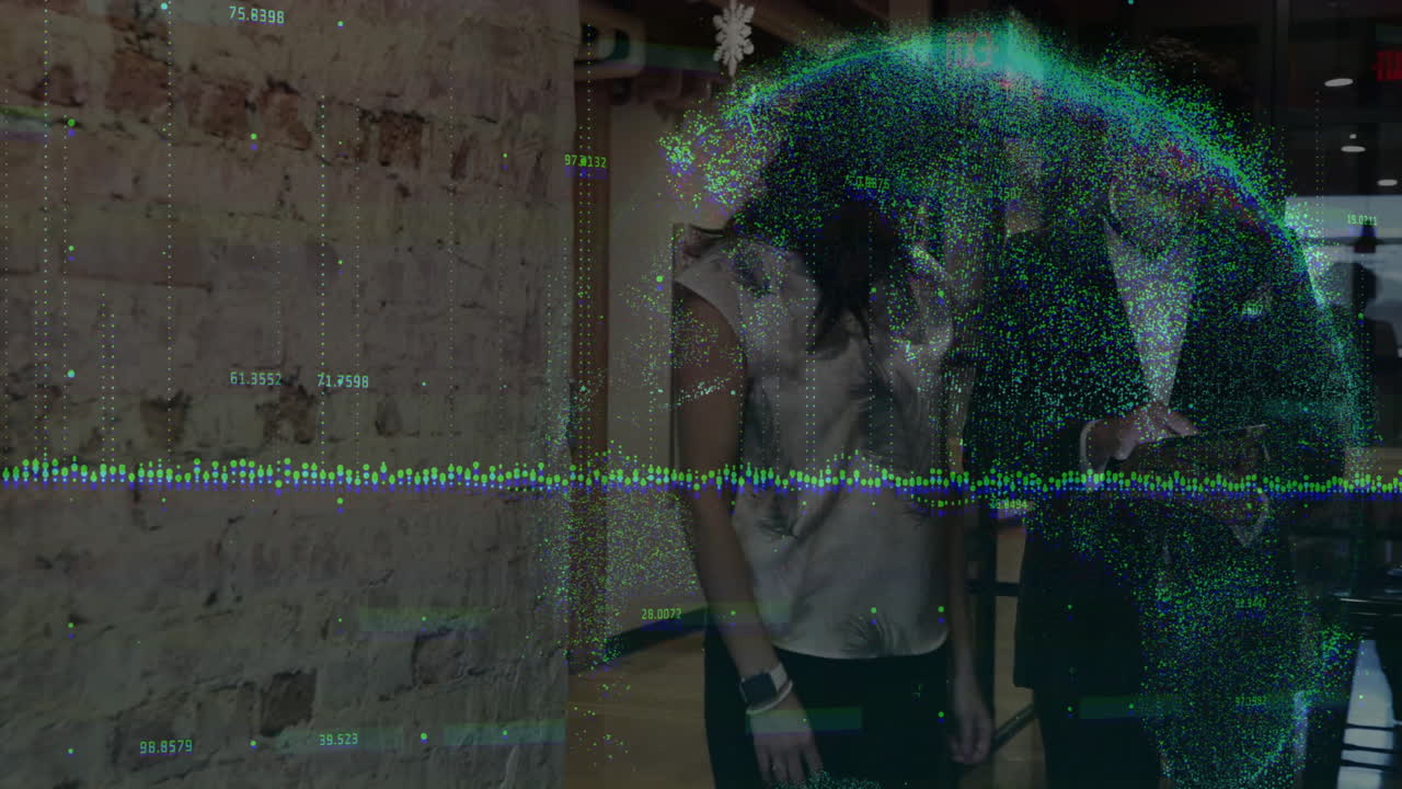 Animation overlaying digital data visualization on people walking in urban area