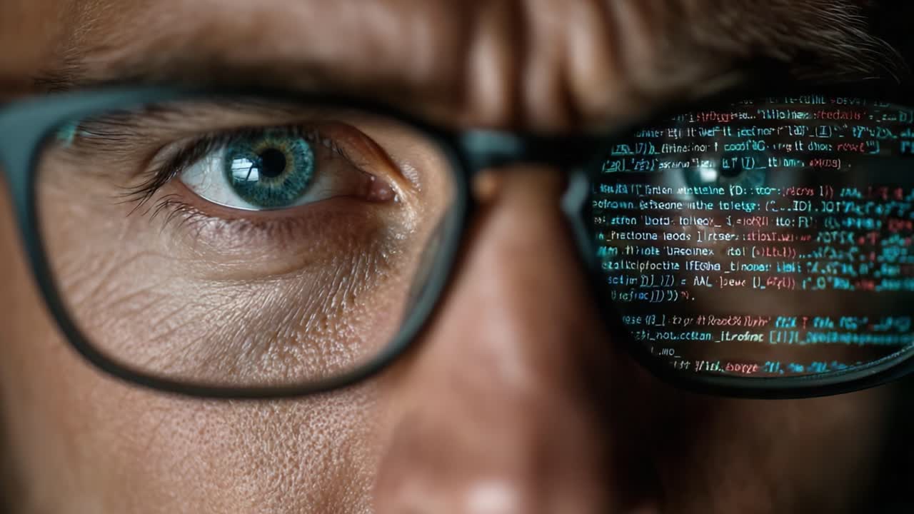 A Close-Up of a Programmer's Intense Gaze with Reflected Code in Glasses, Capturing the Essence of Focus and Digital Innovation