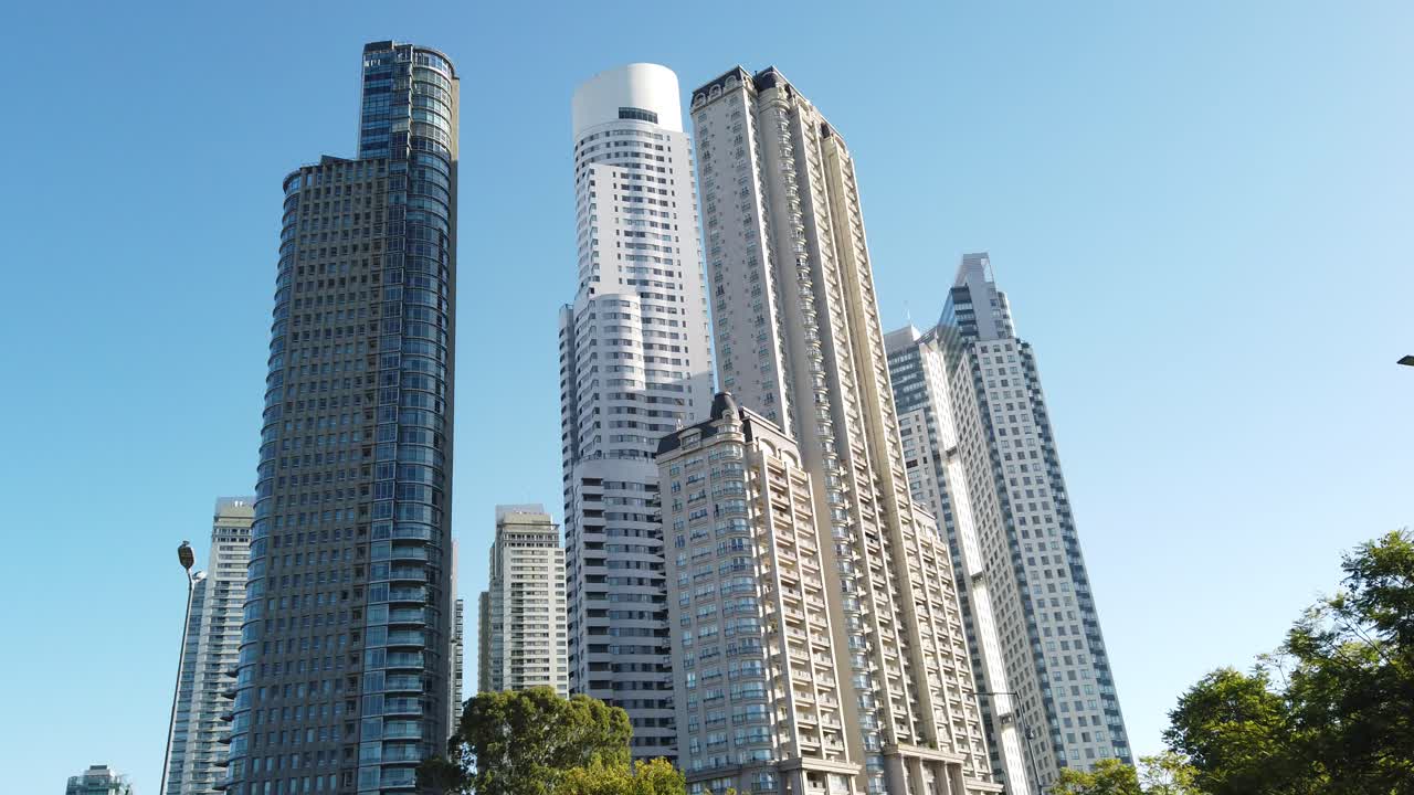 Low angle view, Skyscraper buildings over Sunrise skyline of Buenos Aires city Argentina