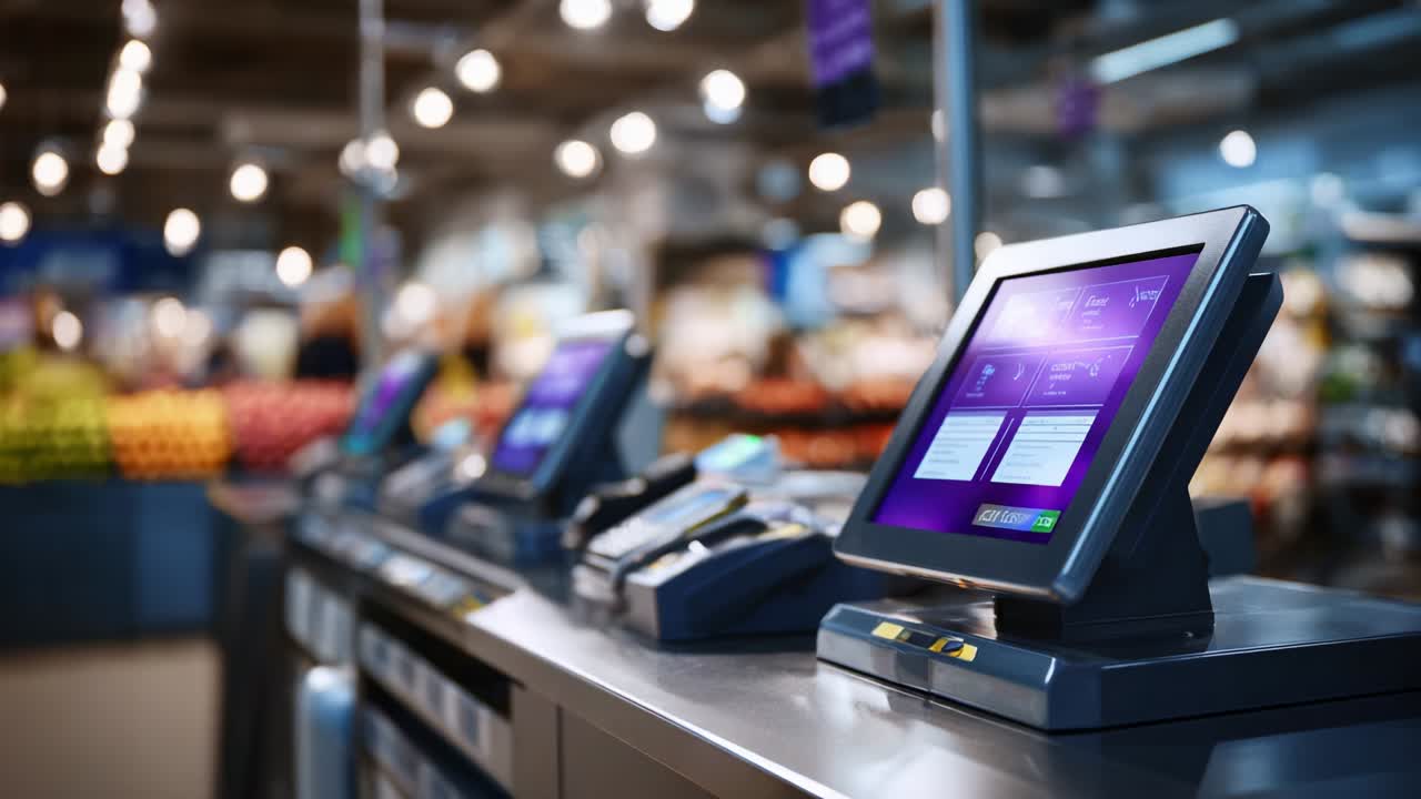 Modern Self-Service Checkout Stations Featuring Touchscreen Technology ...