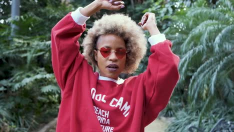 woman in red sweatshirt