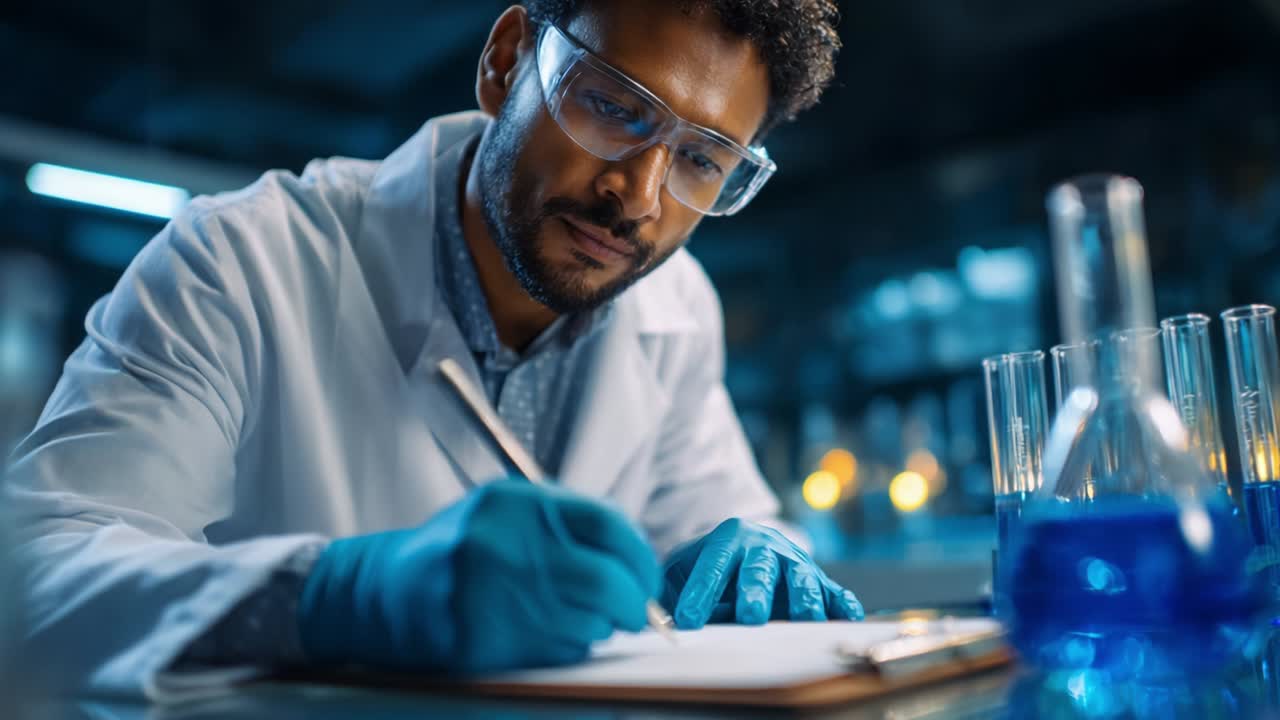 Focused Research Scientist in Laboratory Environment Diligently Noting Observations While Surrounded by Laboratory Equipment, Test Tubes, and Blue Solutions on Table, Capturing the Essence of Scientific Exploration