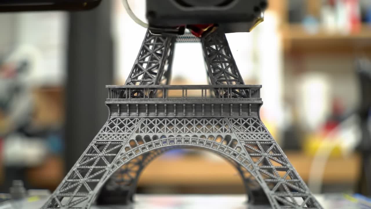 3D Printer Creating a Detailed Miniature Model of the Eiffel Tower with Precision and Intricate Features in a Workshop Environment