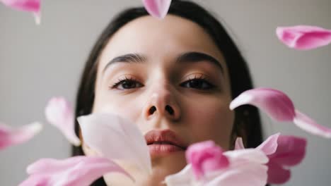 a captivating journey through floral beauty: a close-up exploration of a woman's serene expression surrounded by delicate pink petals in two frames
