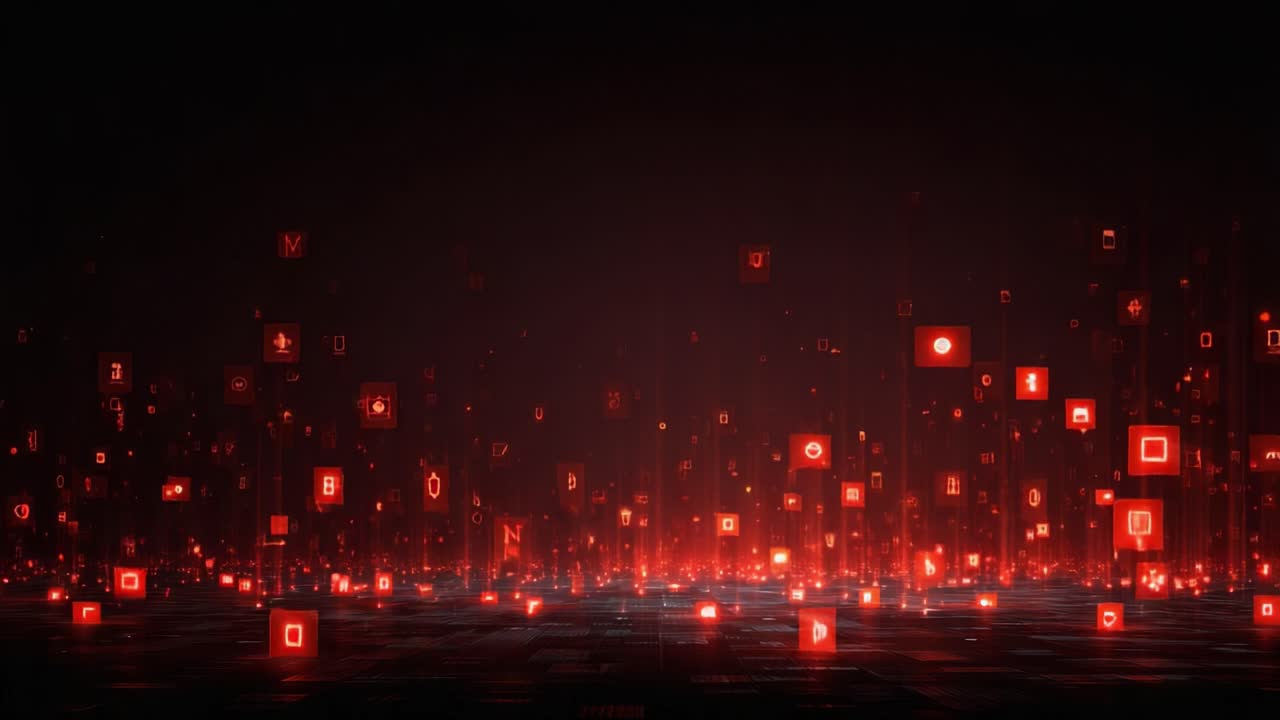 A captivating digital landscape filled with glowing red data icons, shimmering particles, and abstract geometric shapes, creating a futuristic atmosphere of technology and innovation