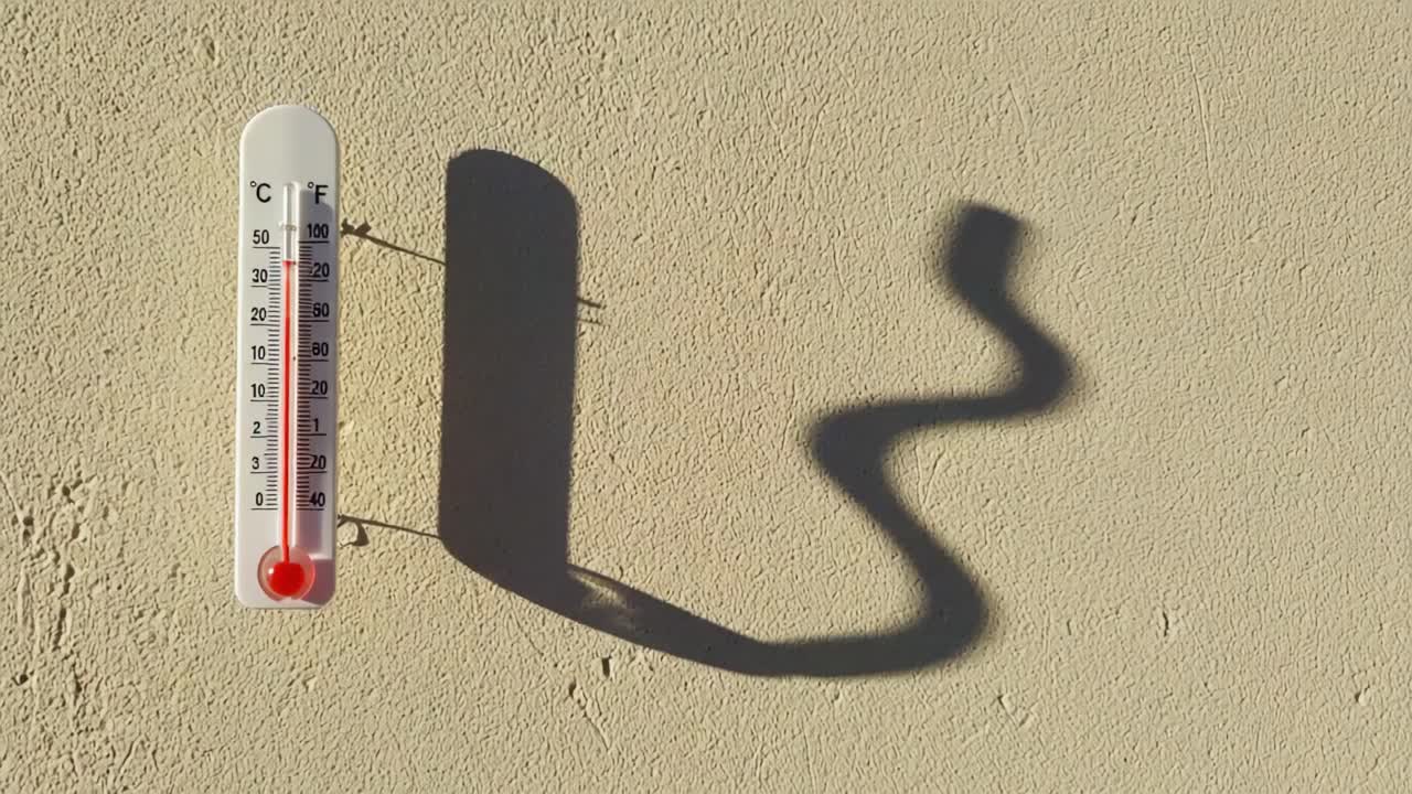 Temperature Measurement: A Visual Representation of a Thermometer and Its Shadow Against a Neutral Wall Background