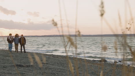 Three-Friends-In-Winter-Clothes-Talking-And-Walking-On-A-Seashore-On-A-Windy-Day