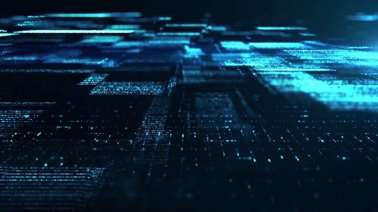 Advance matrix grid particles digitally generated image de-focus cyber space background environment