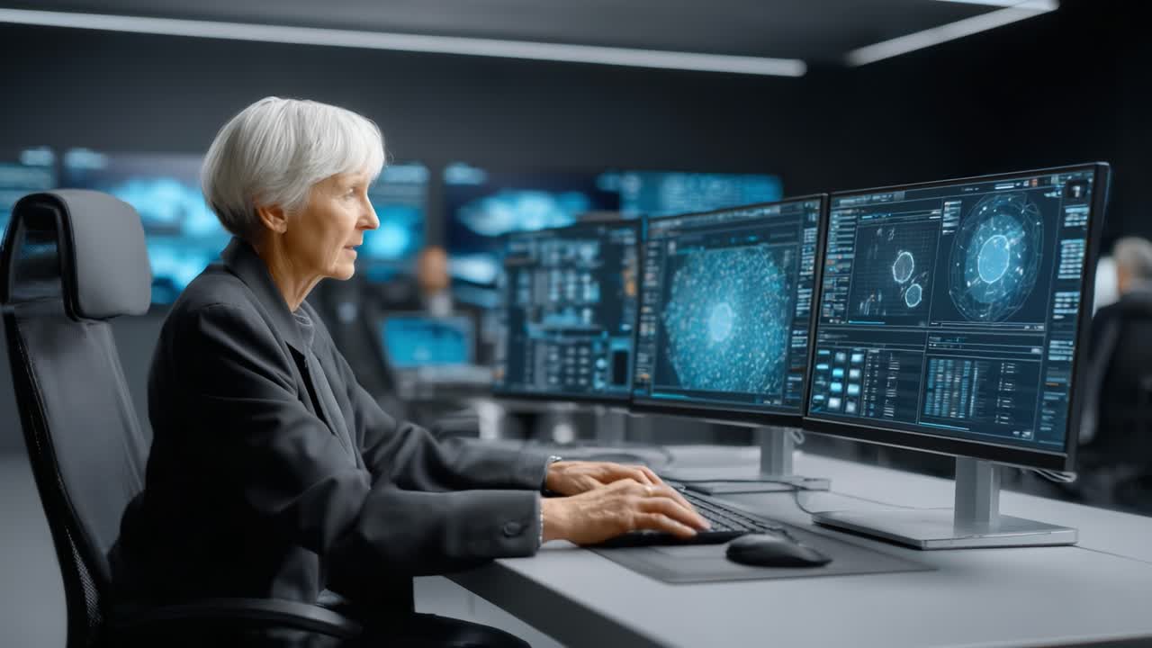 Focused on Data Analysis: A Professional Woman Engaged in Complex Computer Work Surrounded by Advanced Technology and Interactive Displays