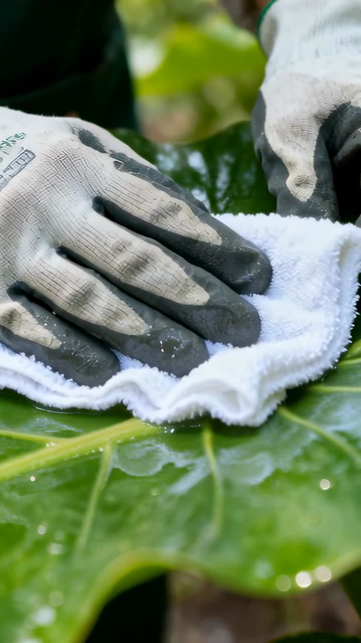 Vertikal video: Handskebeklædte hænder tørrer et vådt blad i haven med et hvidt håndklæde, mens de holder stilken.