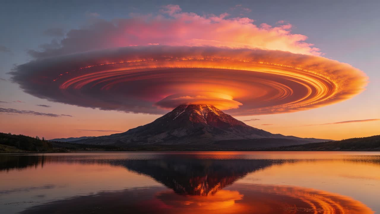Nuvola lenticolare luminosa e montagna innevata riflettono strisce calde sul lago, con il sole basso che si muove.