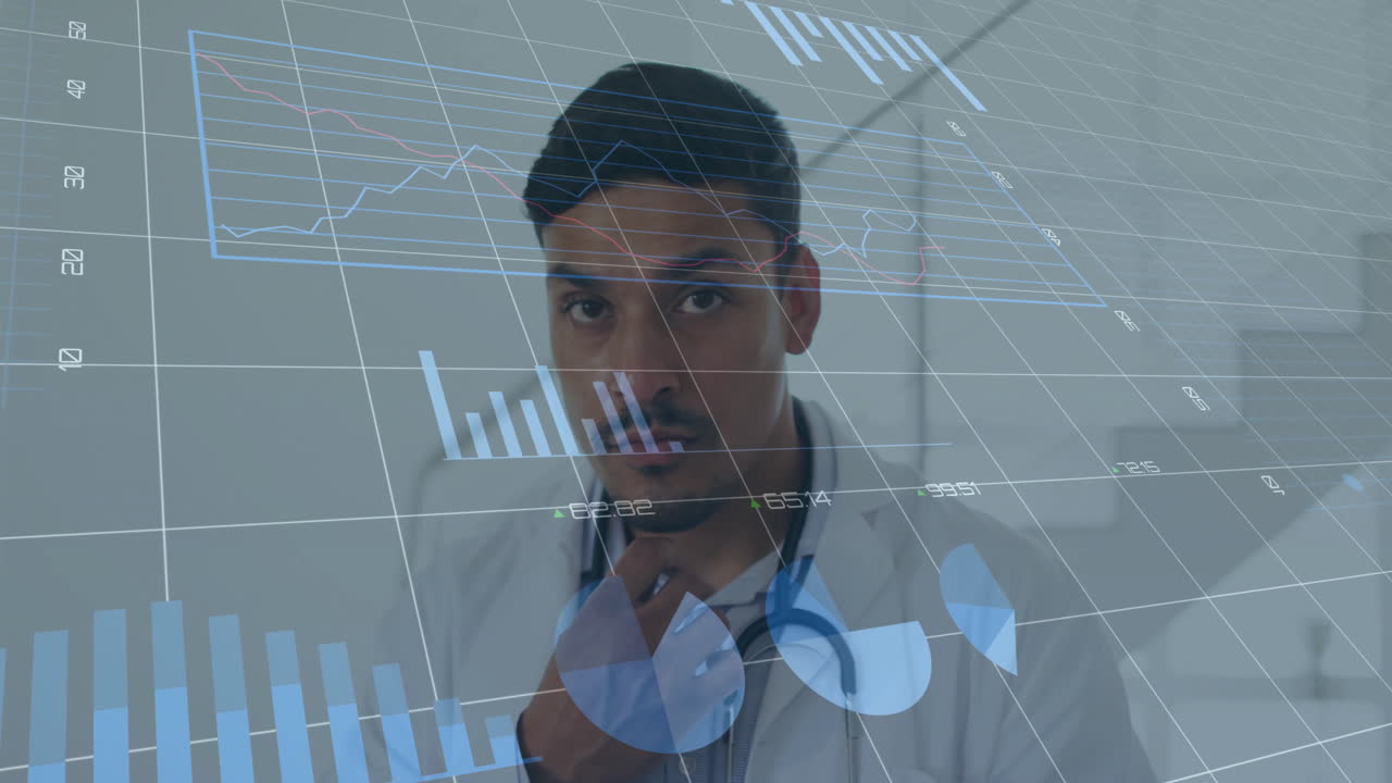 Analyzing digital charts and graphs, doctor in office studying animation data