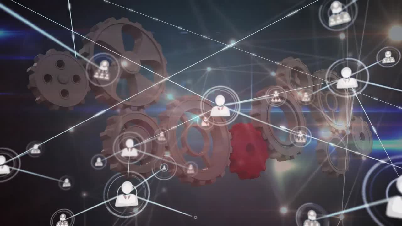 animación de la creciente red de iconos de personas que transfieren datos a través de engranajes móviles