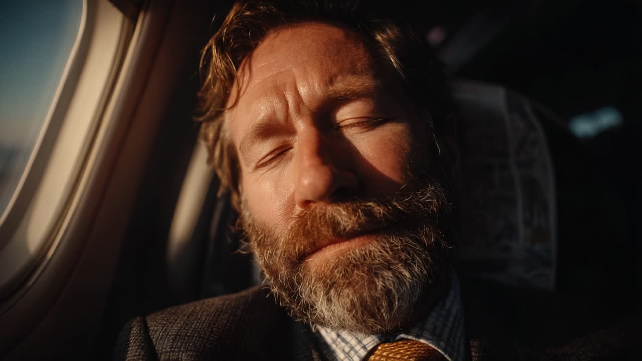 A Serene Moment Aboard an Airplane: The Calm and Relaxed Expression of a Traveler with a Beard Lost in Thought During a Flight
