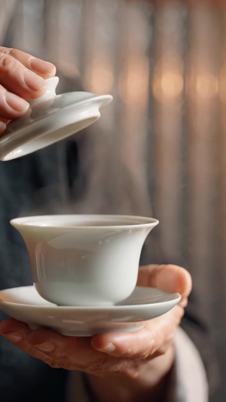 Un'esperienza di tè serena: mani delicate servono una tazza di tè appena preparato in un elegante servizio di porcellana, sottolineando tranquillità e tradizione in ogni sorso.