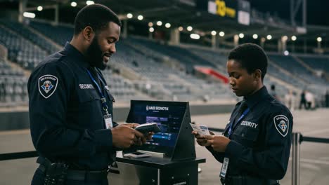 two security personnel engaged in a professional task at an event venue, utilizing digital devices for access control and coordination