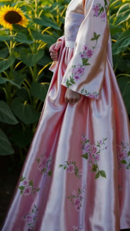 woman in a pink hanbok in a sunflower field