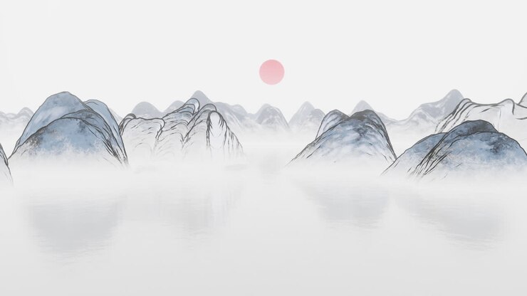 Ink wash painting of mountains, 3d rendering.