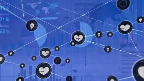 Animation-of-network-of-digital-icons-and-statistical-data-processing-against-spinning-globe