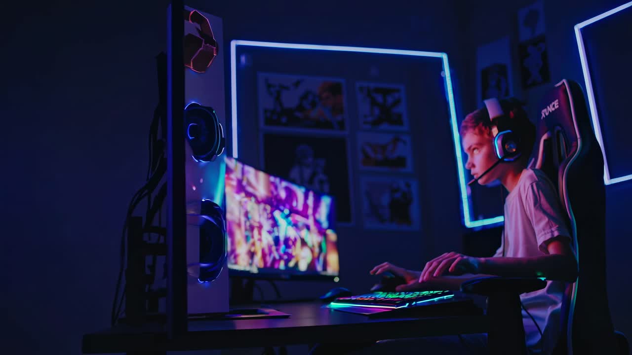 Un giocatore in una stanza illuminata al neon, ripreso da un angolo laterale, intensamente concentrato su un video game