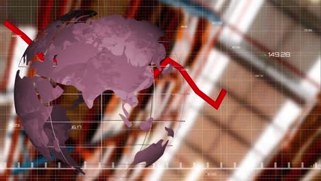 Animation-of-globe-and-financial-data-processing-with-red-line-over-warehouse