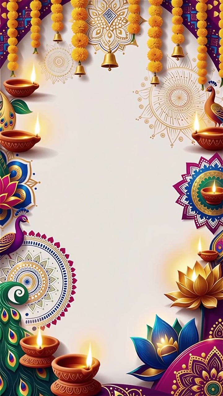 Sfondo Diwali con Diyas luminosi, Rangoli e fiori di loto