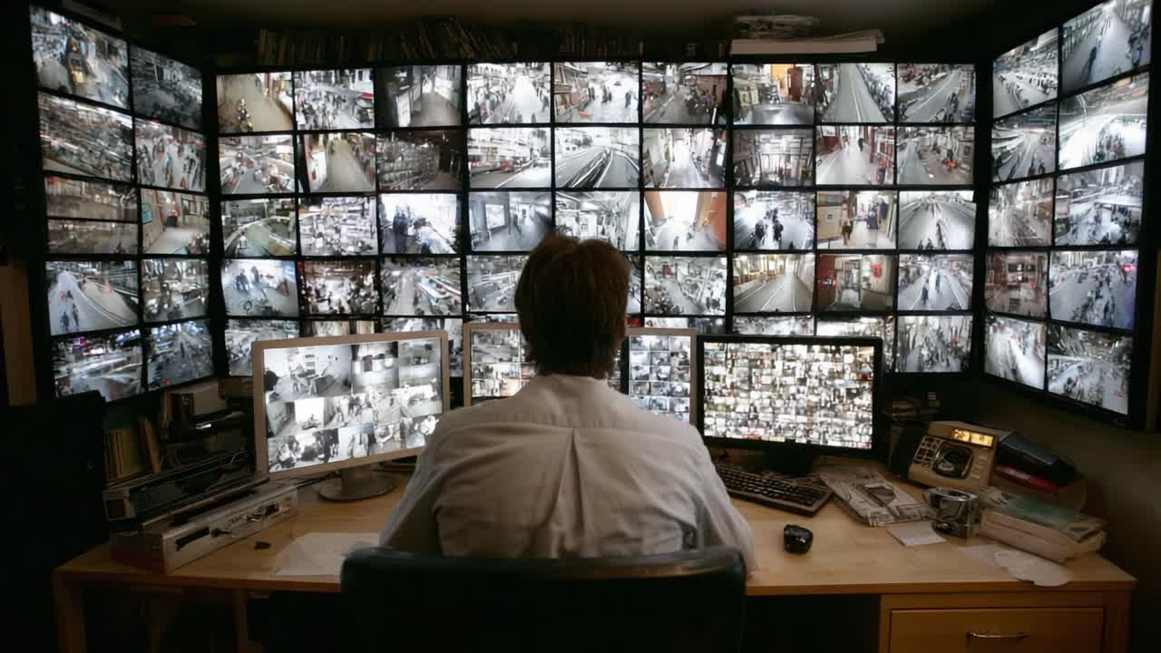 A Surveillance Operator Monitors Multiple Screens in a High-Tech Environment, Analyzing Data and Footage for Security and Safety Purposes