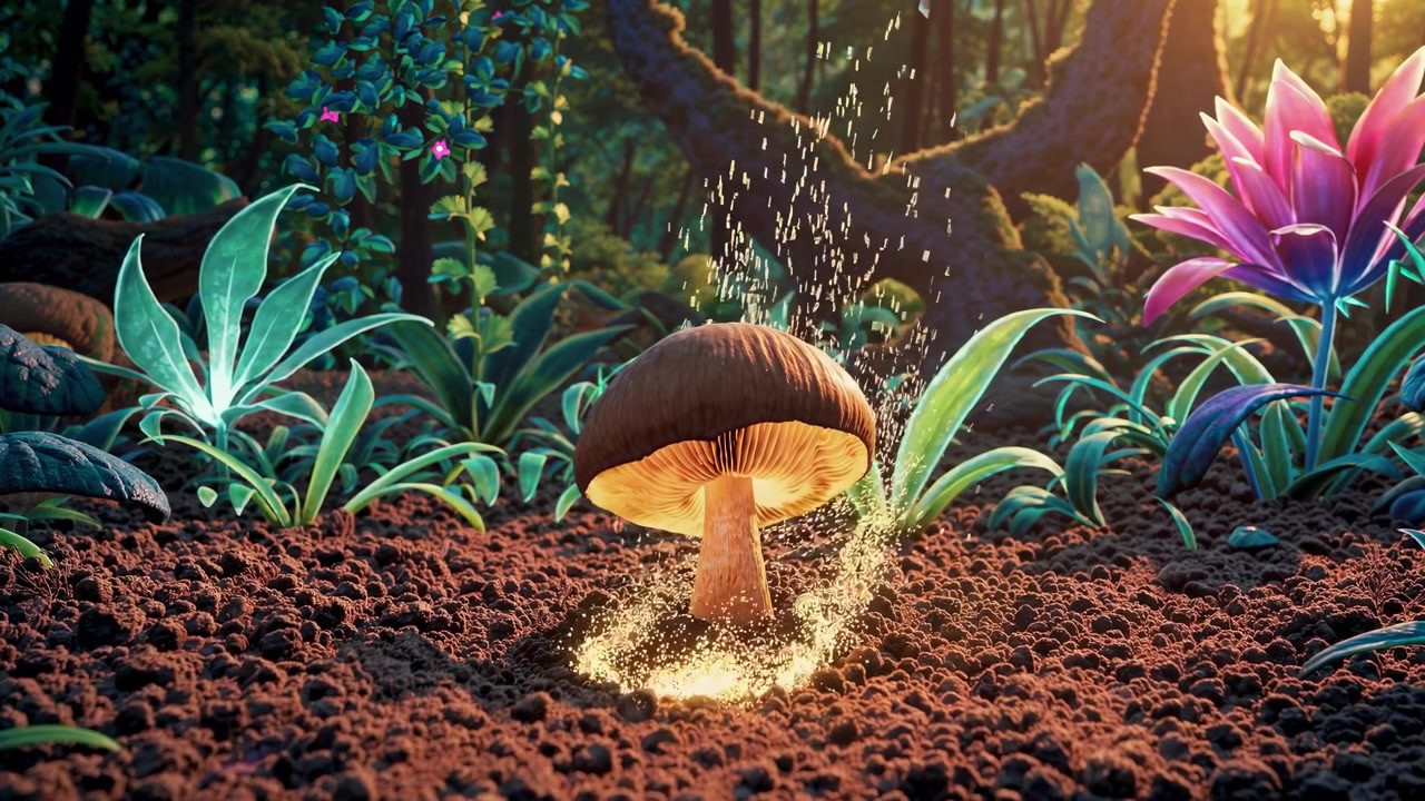 Magical Mushroom Growing in Enchanted Forest with Glowing Particles
