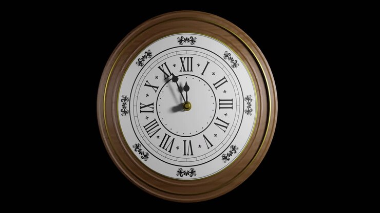 Animation of retro clock ticking showing midnight on black background