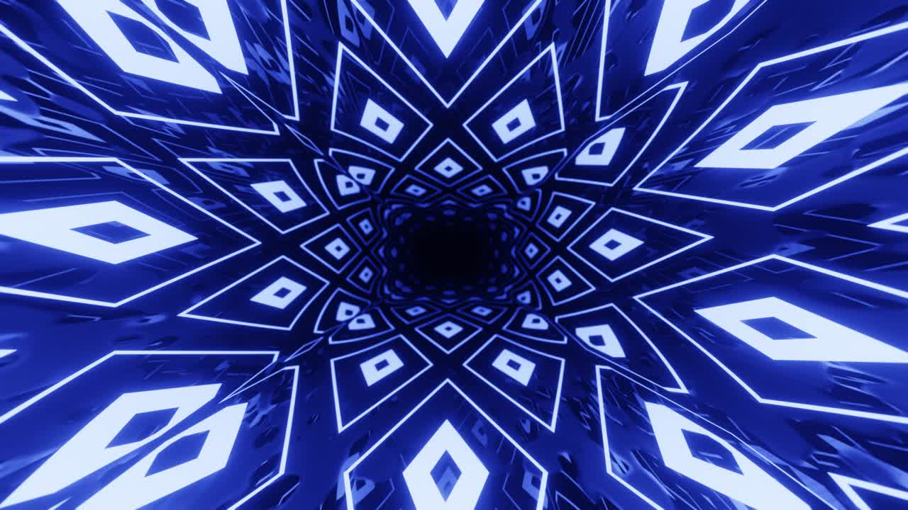 animación en bucle sin costuras de 4k. vuela a través del túnel de espejo con patrón de neón, las líneas de brillo forman un patrón de ciencia ficción. luz de neón de reflexión brillante. fondo brillante simple, estructura de ciencia ficción