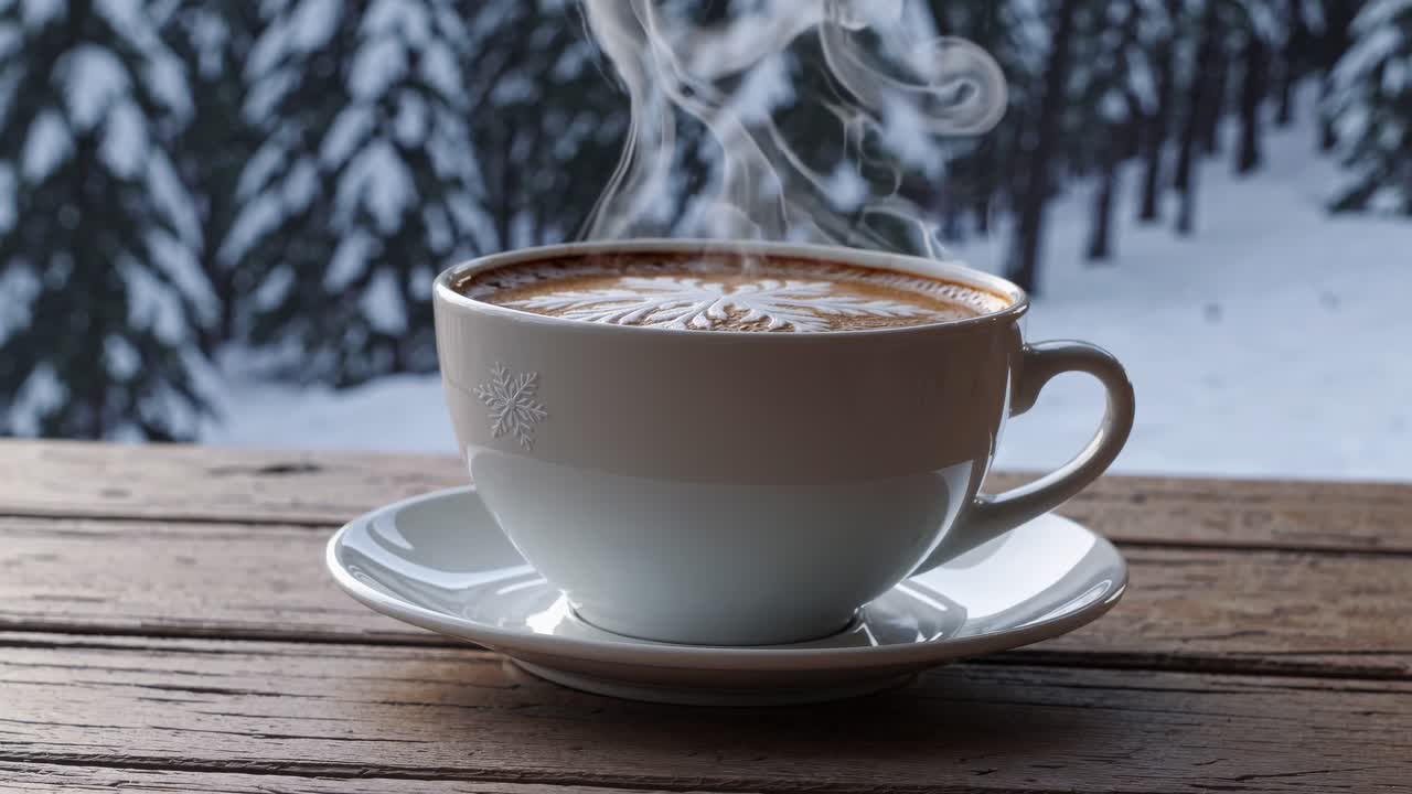A steaming cup of coffee on a wooden table, captured from a side angle, with a snowy forest