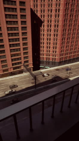 high angle view of city street and skyscrapers