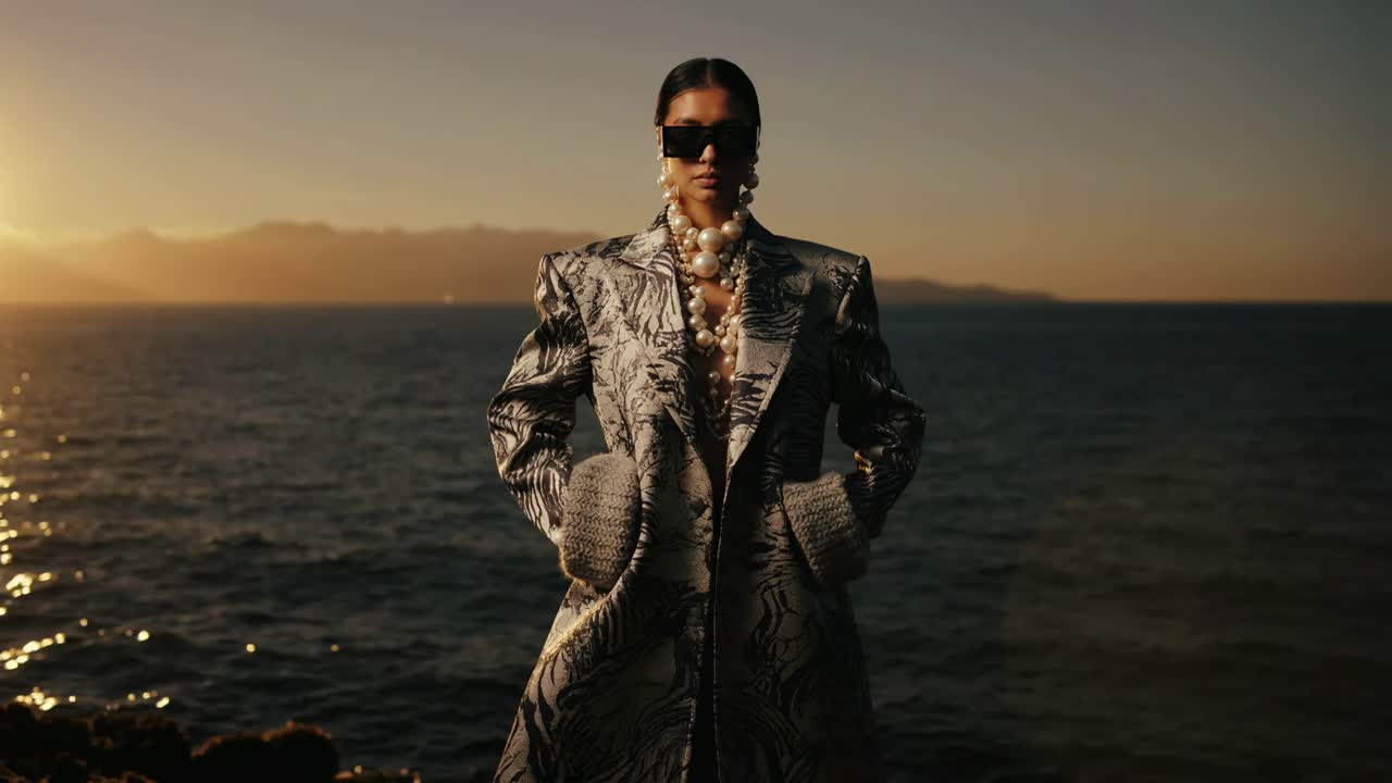 Fashionable woman posing by the sea at sunset