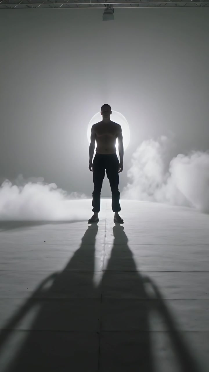 Video verticale: Controluce acceso, uomo a torso nudo in piedi su un palco per un servizio fotografico che mostra un'ombra con alone di nebbia