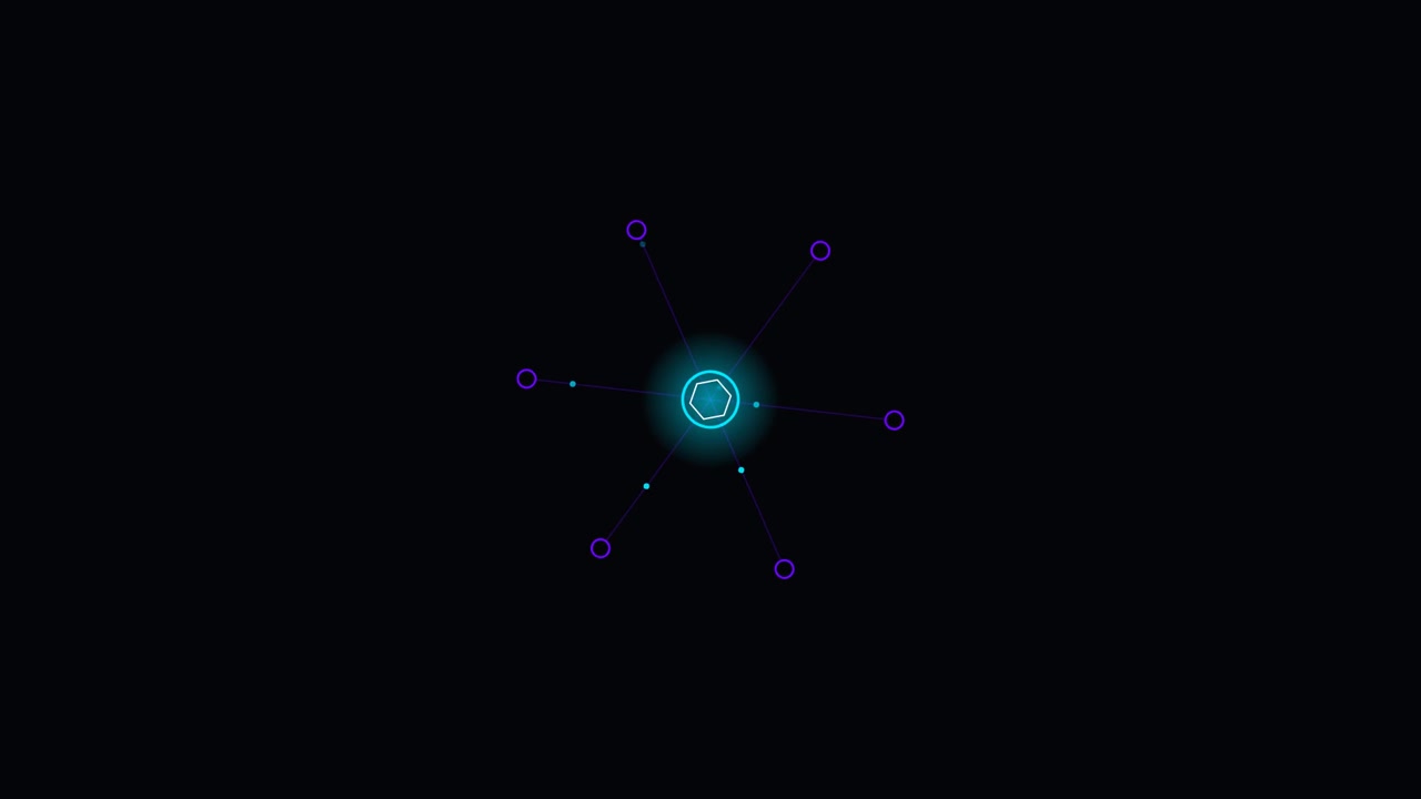 Nodo di rete digitale astratto con esagono luminoso e linee di connessione