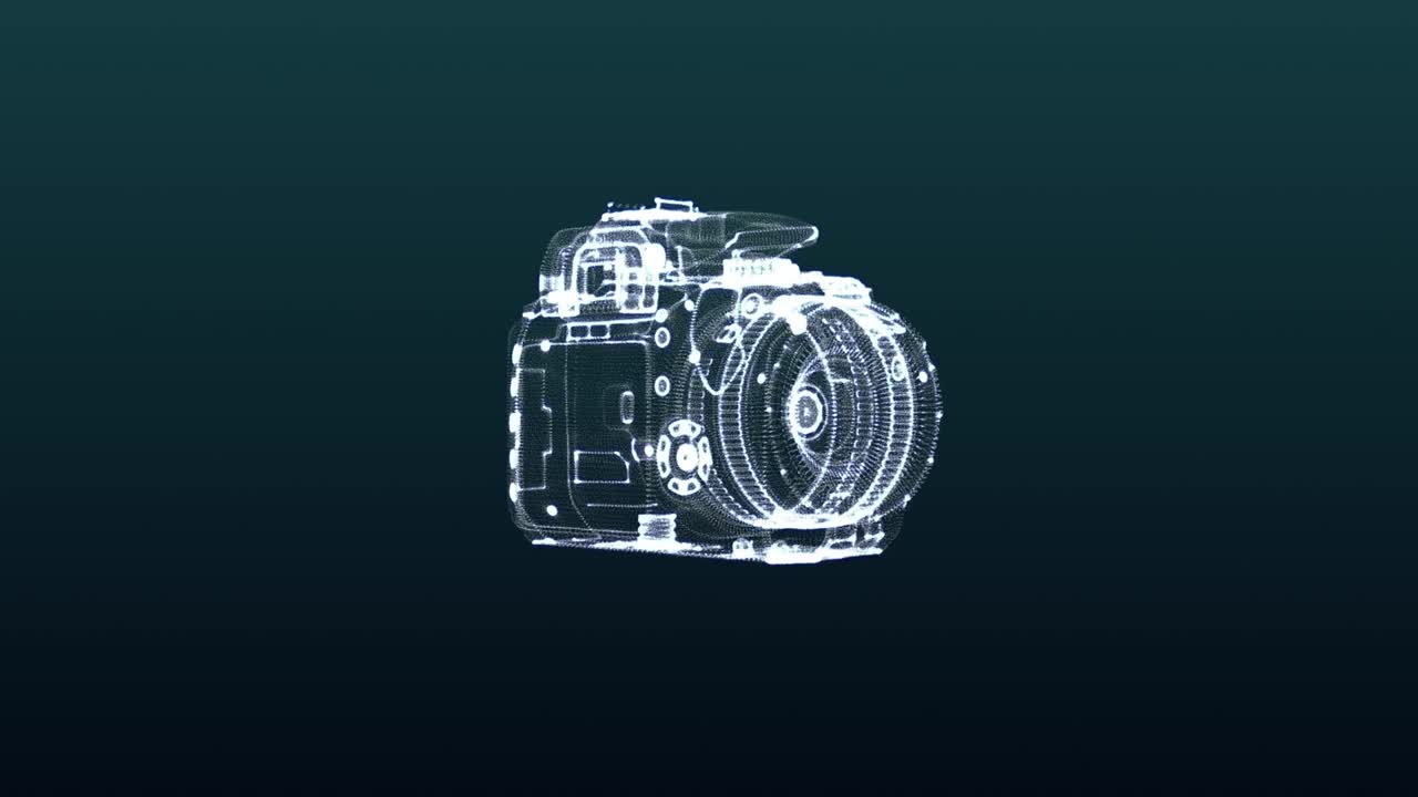 Photo camera being formed by particles. Blue abstract futuristic science and technology background. 3D rendering